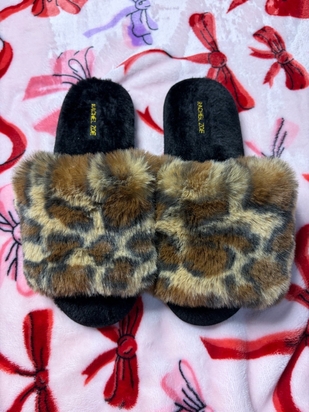 Rachel Zoe Black Footbed Faux Fur Slide with Leopard Print Trim